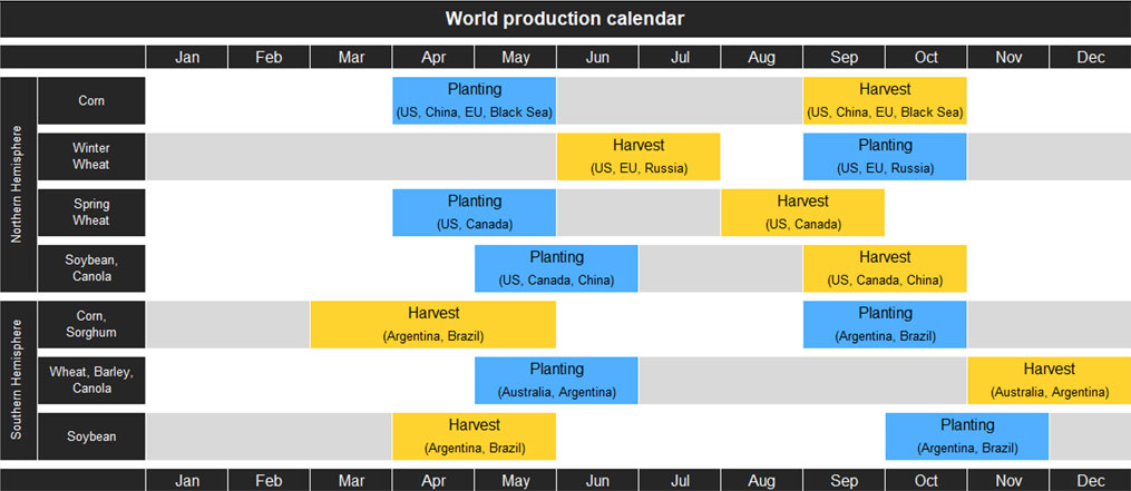 Calendar showing the world production of key grains of corn, wheat, soybean, sorghum and canola in both the southern and northern hemisphere over a year.
