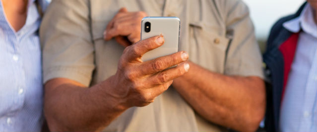 Hand holding mobile phone.