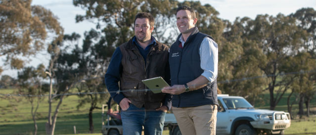 Farmer and Rural staff member using iPad in a paddock.