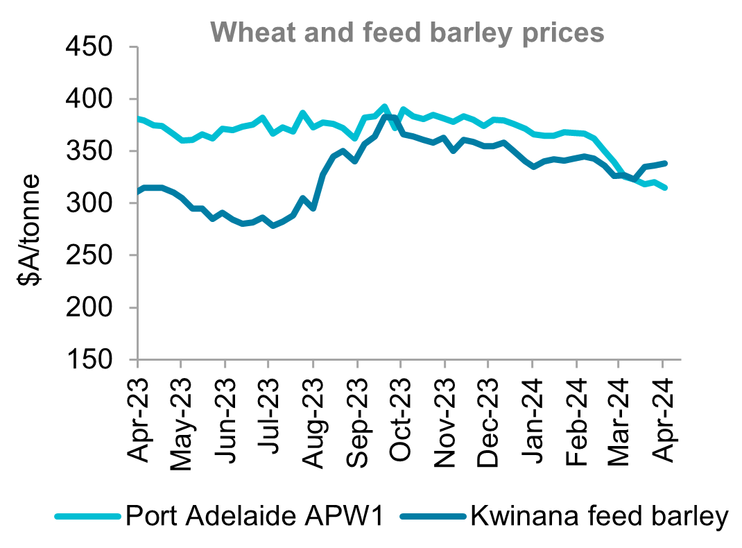 A graph showing Australian wheat and feed barley price over the last 12 months. Ample global supplies along with muted demand keeping pressure on wheat prices. Feed barley prices increased over April on some new export business to China along with some increased domestic demand into grazing areas where conditions have turned dry in recent months.