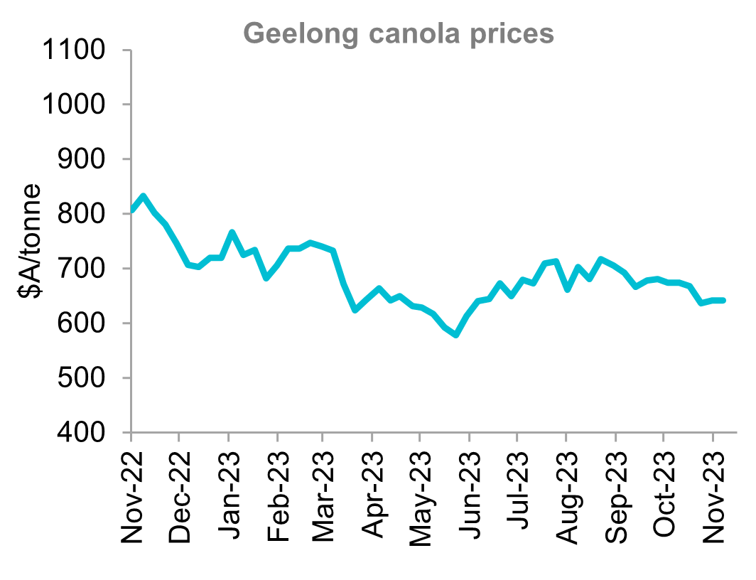 A graph that shows Geelong canola price over the last 12 months. Australian canola prices declined this month on ample global supplies. Canola values were lower across all states as new crop supplies have become available.