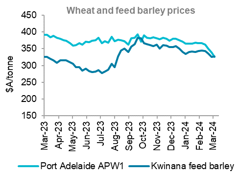 A graph showing Australian wheat and feed barley price over the last 12 months. Cheap and ample wheat exports from Russia have pressured global prices lower. Australian values have had to follow to maintain export competitiveness. Local barley market have fallen inline with wheat along with a drop in demand from China.