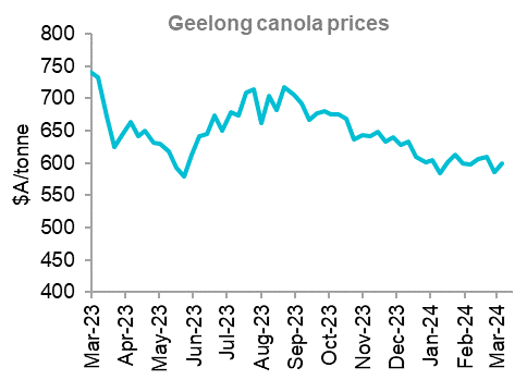 A graph that shows Geelong canola price over the last 12 months. Prices across most port zones steady to up a few dollars for the month. A cut to European Union (EU) rapeseed production estimates supportive of prices.