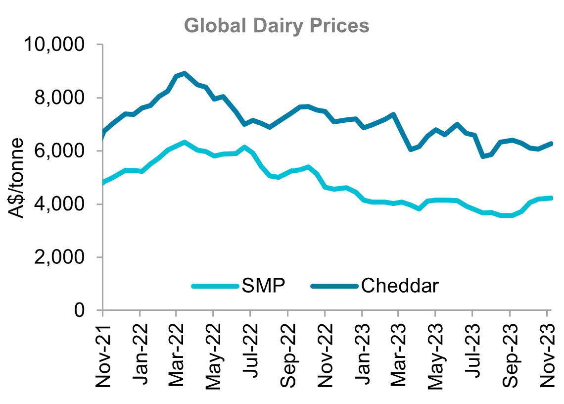 A graph showing global prices for skim milk powder and cheddar from November 2021 to November 2023 showing some gains in the past month.