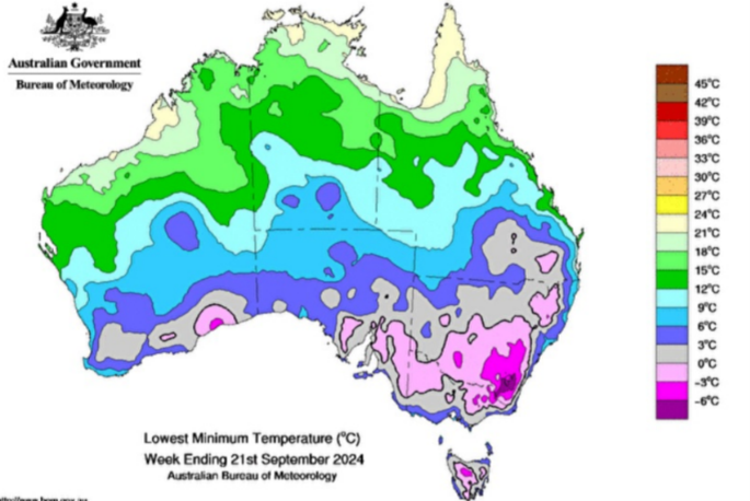 An image of the lowest minimum temperature for the week ending the 21st of September.