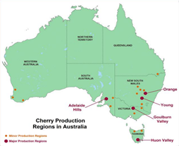 An image showing the major cherry production regions of Australia.